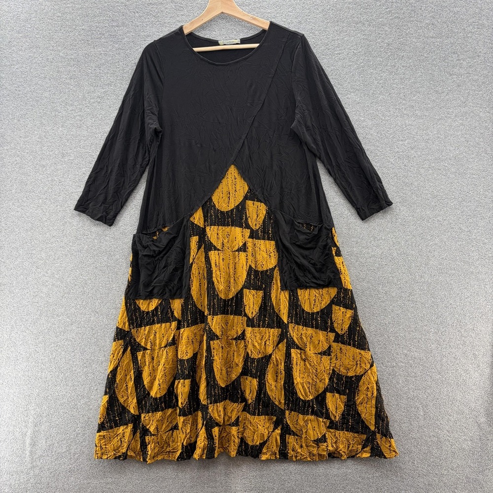 Chalet Dress Small Black Yellow Geo Print Lagenlook Relaxed Trapeze Midi Pockets
